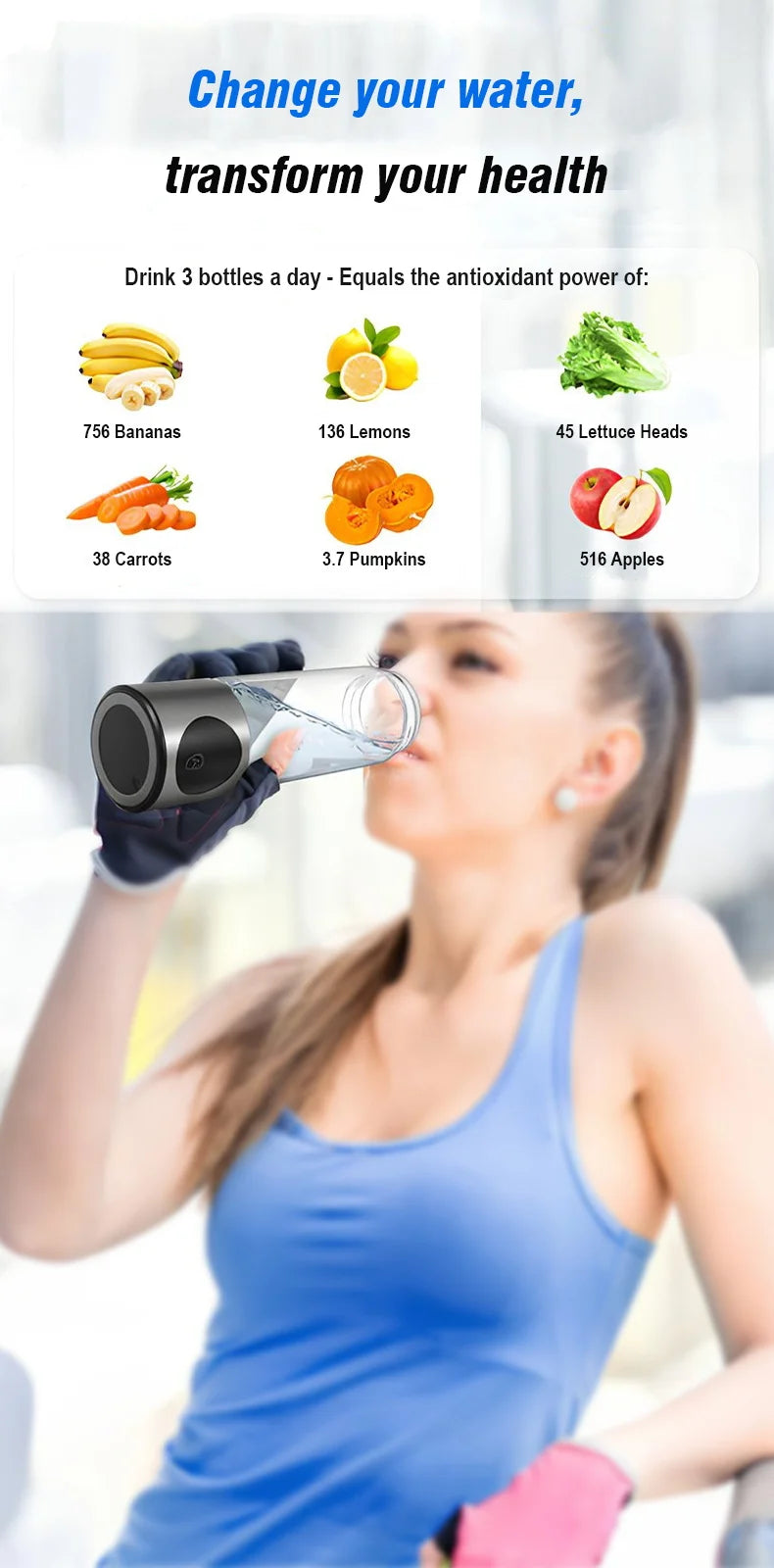 Portable Performance Hydrogen Water Generator Bottle SPE+PEM Dual Chamber lonizer + PPB&Time Display Electrolytic Hydrogen Water.