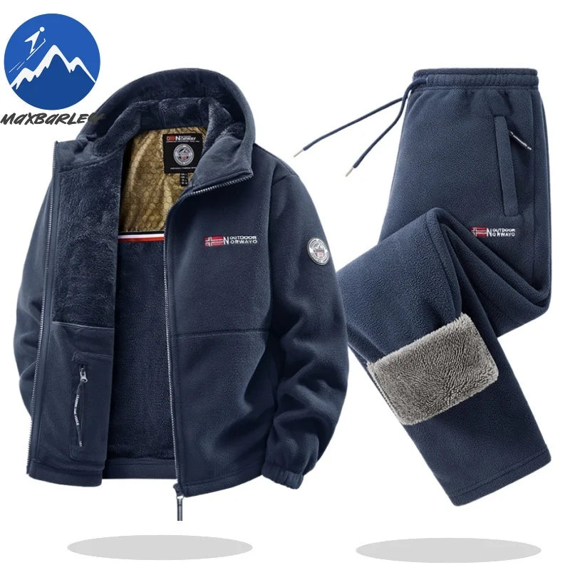Maxbarley Winter Sportswear Set Mens Retro Training Thick Fleece Jacket + Pants Two Piece Set Casual Ski Running Tracksuit Suit.