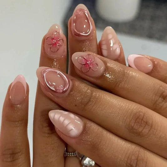 3D Flowers Gold Bead Lace White Daisy Bowknot Long Pointed Fake Nails Art Almond False Nails Press on Nails Charms Manicure Tool.