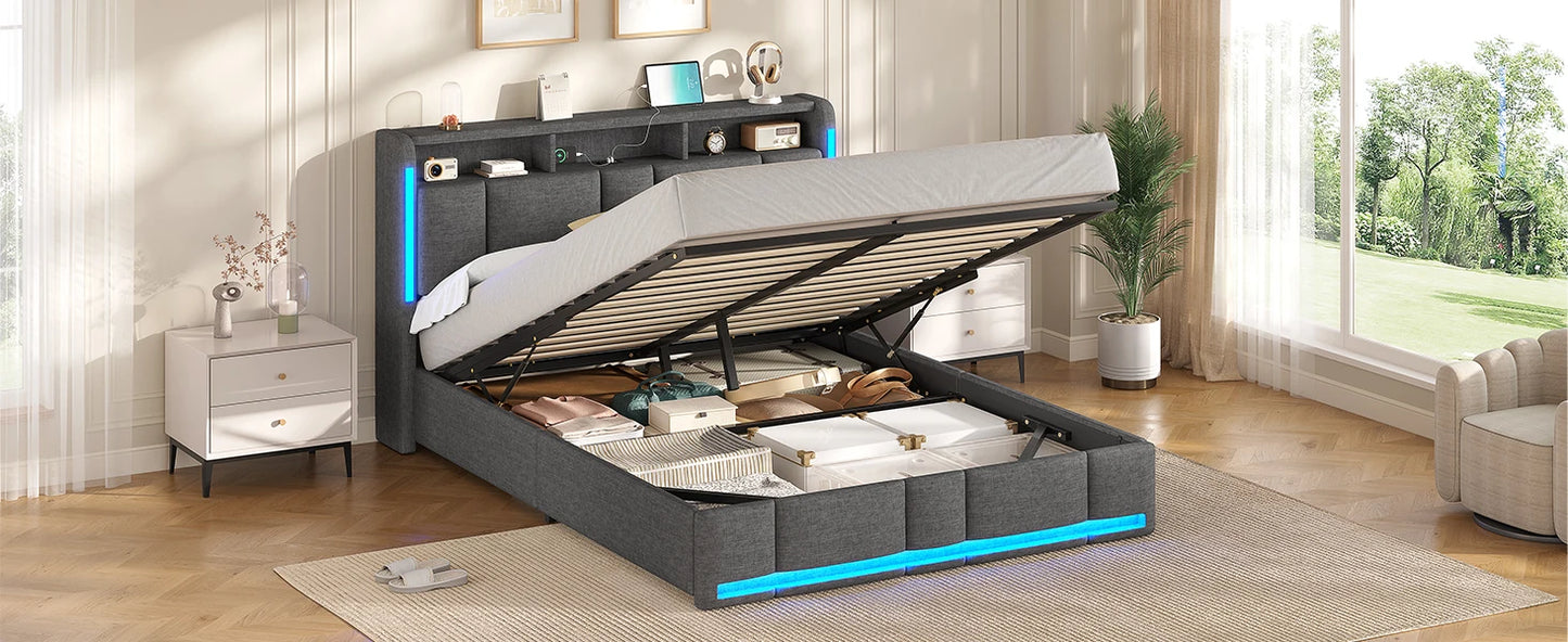 140 x 200 cm großes Polsterbett mit Doppelbettrahmen und LED-Beleuchtung und Ladestation. Kopfteil inklusive schwebendem Bettdesign