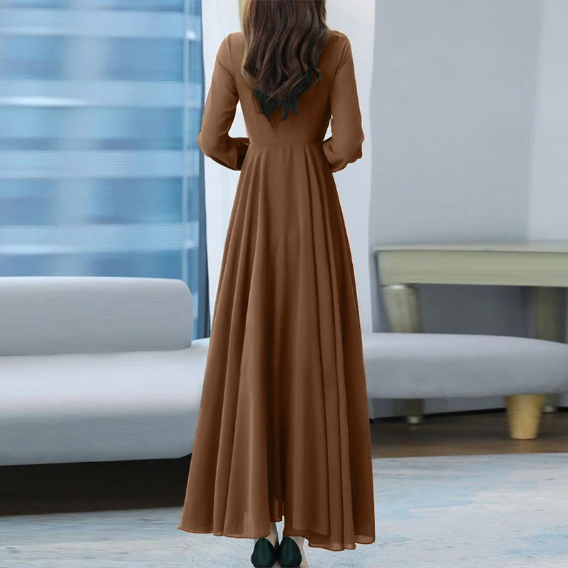 ZANZEA Women Long Sleeve A-line Sundress Spring Long Dress Autumn Solid Party Holiday Maxi Dresses Vestidos Femme Vintage Robe.