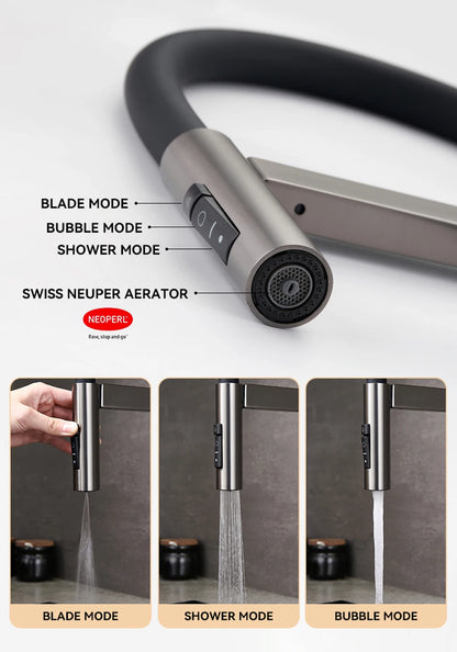 VGX Brushed Kitchen Faucet Sink Faucets Rubber Pull Down Stream Sprayer Taps Rotatable Kitchen Mixer Water Tap Hot Cold Crane