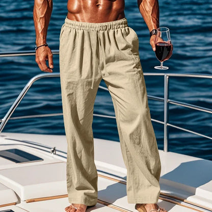 Men's Linen Casual Pants Elastic Waist Beach Pants Lightweight Drawstring Summer Yoga Pants Solid Color Beach Pants.