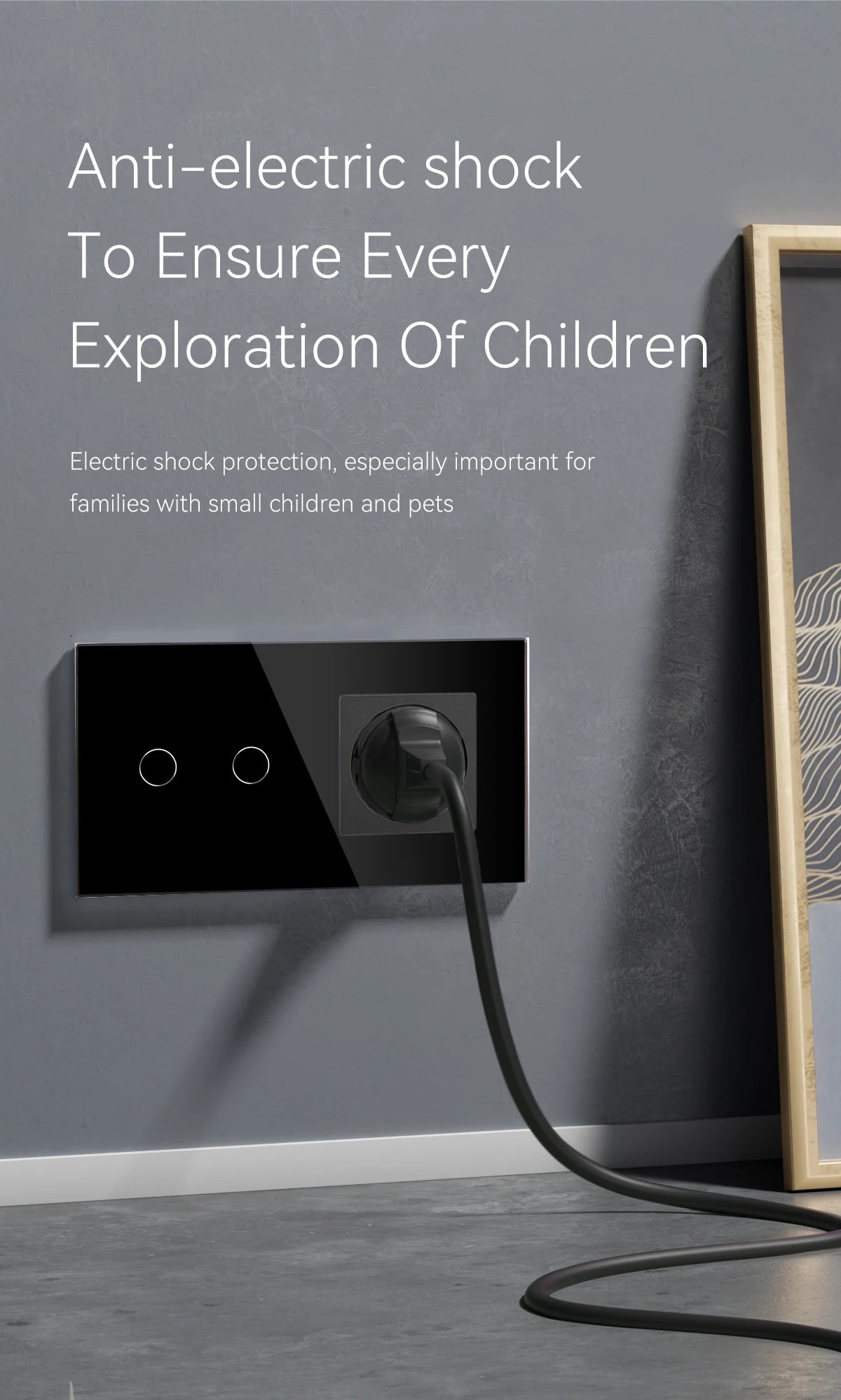 BSEED Touch-Lichtschalter mit EU-USB-Steckdosen, schwarze Wand-LED-Schalter, 1/2/3 Gang, 1-Wege-Kristall, dunkelblaue Hintergrundbeleuchtung, Wandschalter.