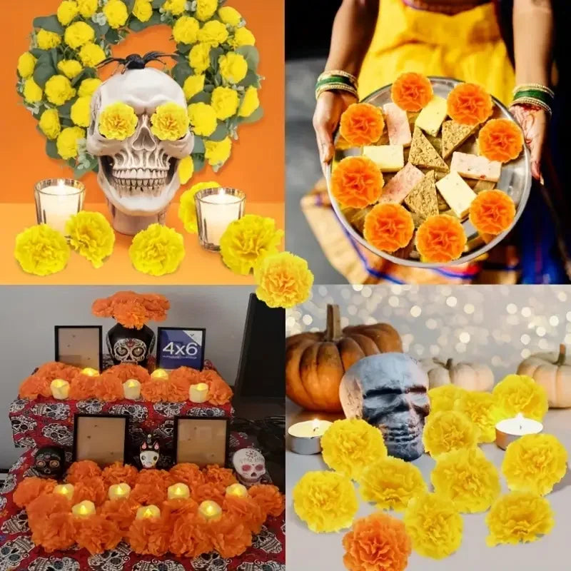 2,17 Zoll mexikanische Ringelblume künstliche Blumen Tag der Toten DIY Girlande String Halloween Diwali Party Home Outdoor Dekoration.