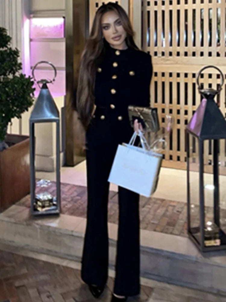 New Autumn Style Black Color Women Long Sleeve Button Rayon Bandage Coat Pants Fashion Women's Set High Street Celebrate Wear.