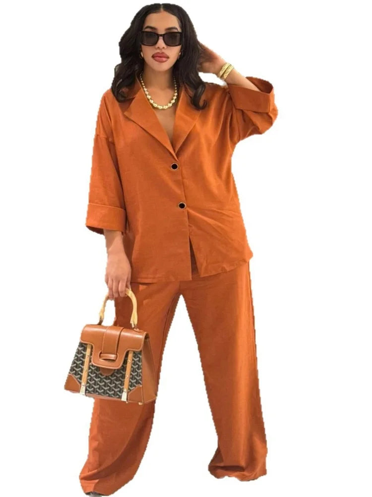 Wmstar Zwei Stück Set Frauen Großhandel Revers Lose Einreiher Hemd Hohe Taille Gerade Bein Hosen Lässig Eleganten Anzug