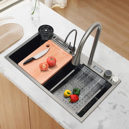 Küchenspüle aus Edelstahl mit ausziehbarem Wasserhahn, Wasserfallspüle mit Digitalanzeige, multifunktionale Küchenspüle für die Arbeitsstation