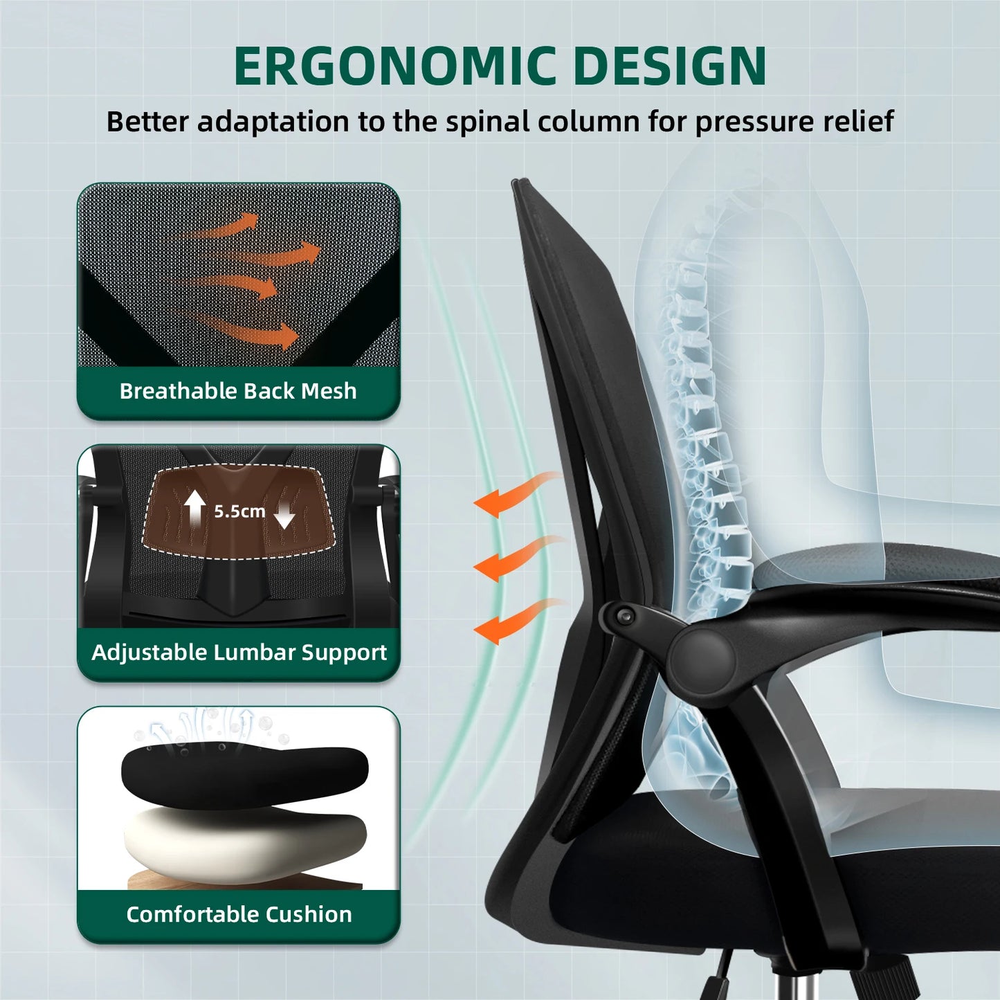 Daccormax Ergonomischer Bürostuhl, verstellbare Lordosenstütze, drehbar, robuste Rollen, gepolsterte Armlehnen, Multi-Neigefunktion zum Entspannen.