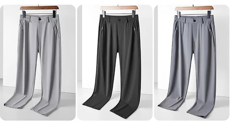 Ultra-thin Elastic Men's Casual Trousers Summer Quick-drying Ice Silk Slim Straight Business Solid Color Trousers Black Gray.