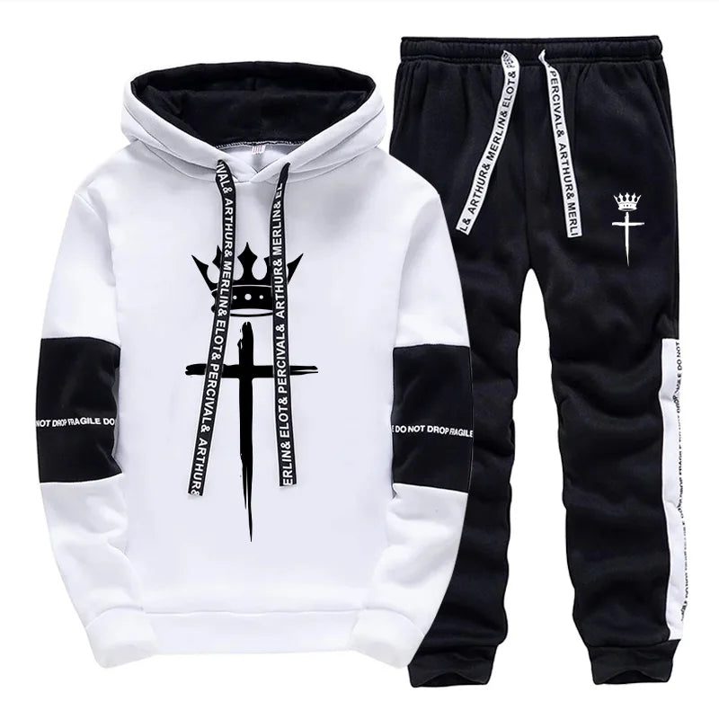 Cross Crown Print Sweatshirts Sweatpants High Quality Street Fashion Tracksuit 2025 Fall/winter Men's Sportswear 2pcs Set.