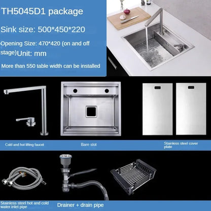 Hidden Stainless Steel Kitchen Sinks Modern Kitchen Accessories with Cover Kitchen Sink Dish Drainer Light Luxury Single Tank L