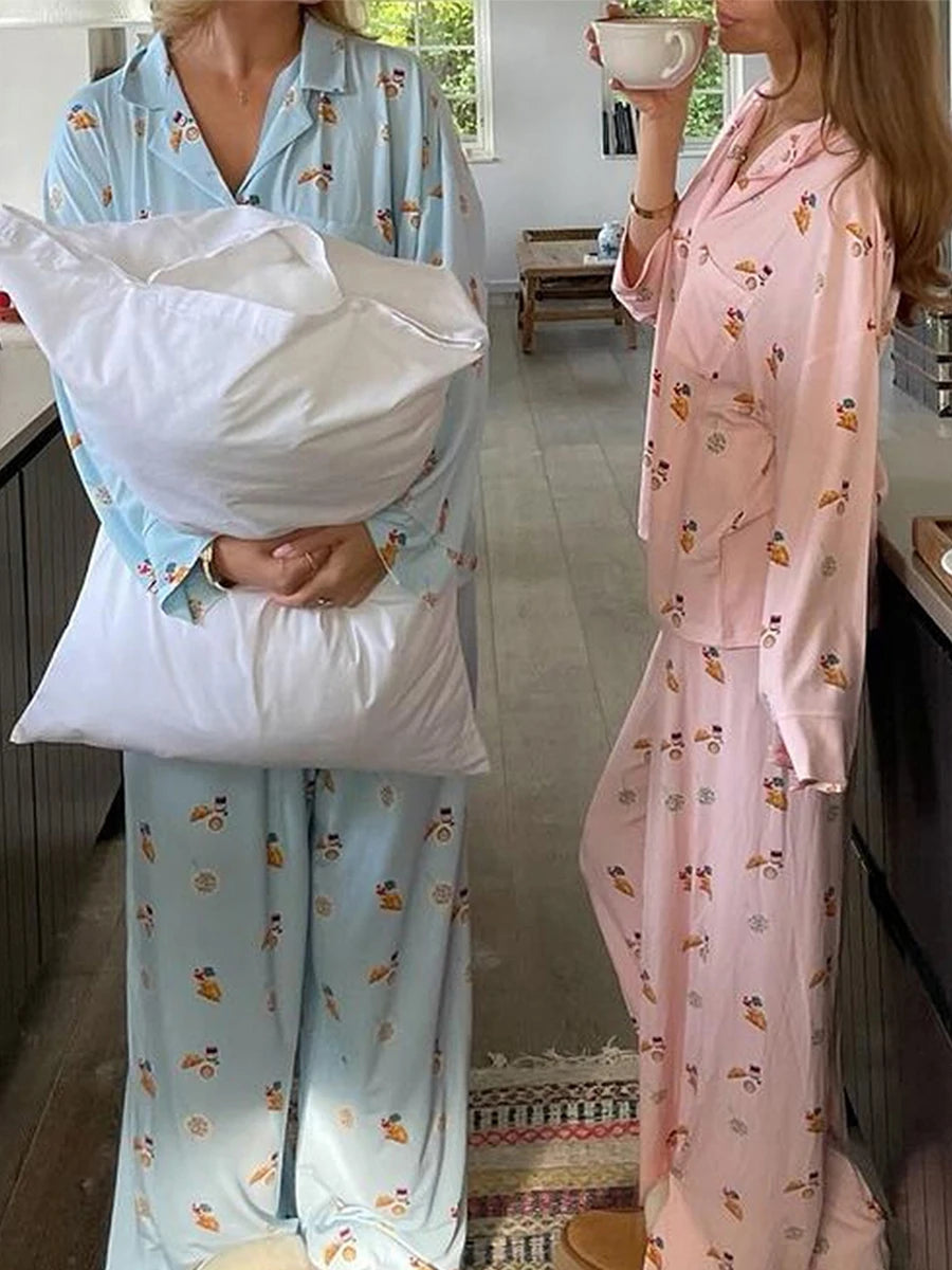 Maemukilabe Women Y2K Floral Pajama Set Long Sleeve Shirt and Pants Set Vintage 2 Piece Lounge Set Cute Bow Pjs Sleepwear.