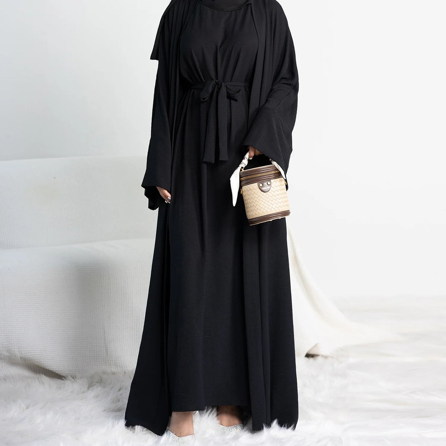2 Piece Open Abaya for Women Long Hijab Dress Ramadan Eid Crepe Islamic Clothing Dubai Turkey Party Kaftan Outfit Muslim Set