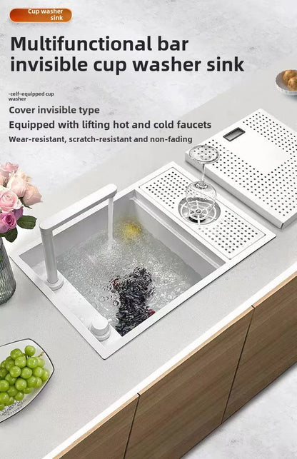 55 cm x 32 cm weißes, verstecktes Küchenspülbecken-Set, zusammenklappbares Wasserhahn-Abflussrohr, einklappbares Unterbauwaschbecken, kleines Waschbecken aus Edelstahl