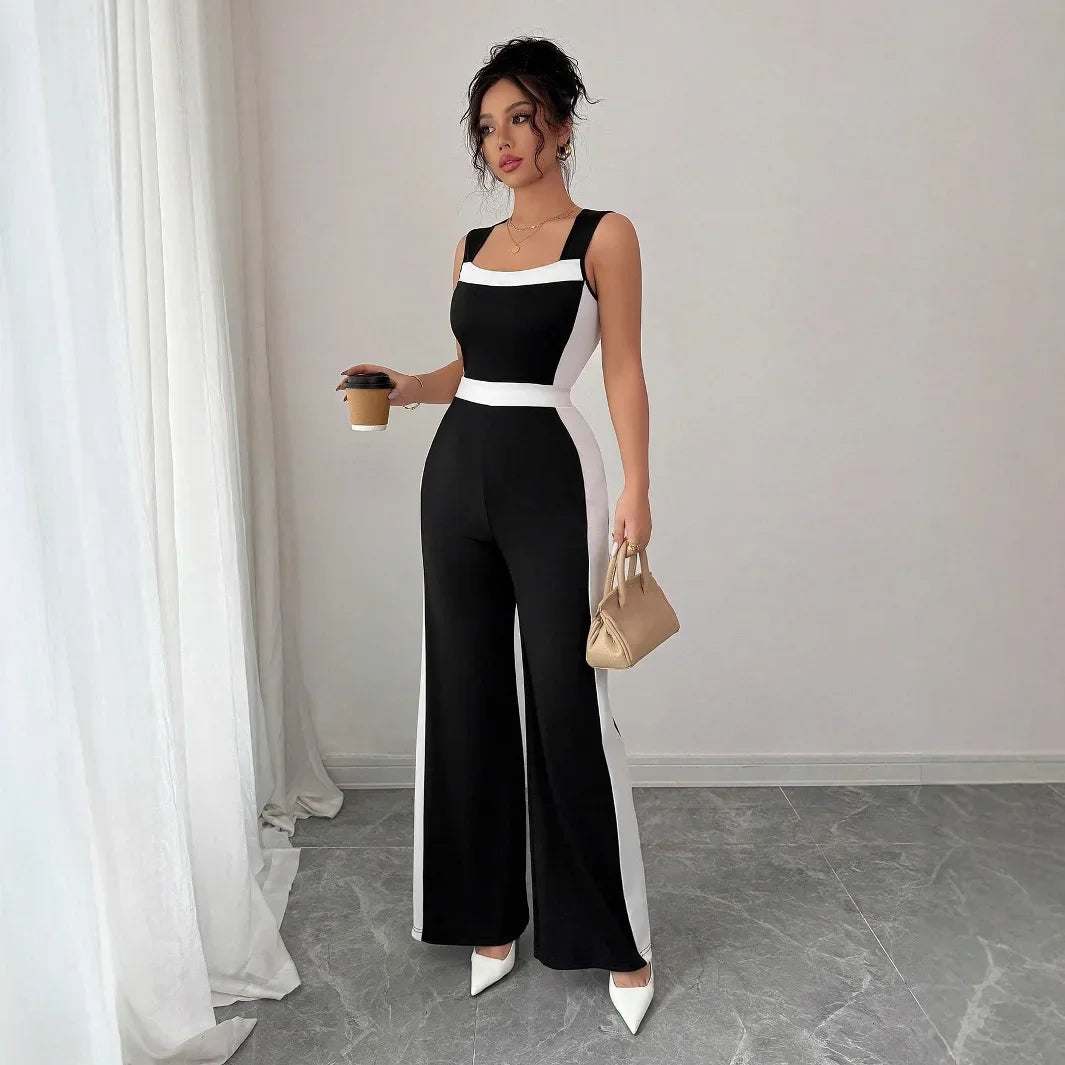 Elegant Color Block Wide Leg Jumpsuit Sleeveless Women's Spring Summer Vacation Style Cross-Border Fashion Ladies' Outfit.