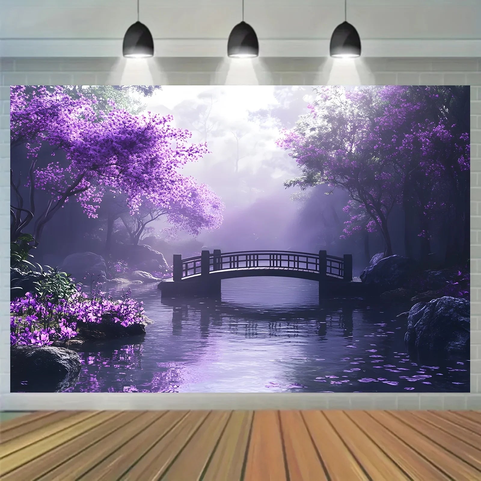 Blooming purple flowers and rustic bridge tapestry-a peaceful landscape wall hanging for bedroom living room decoration.