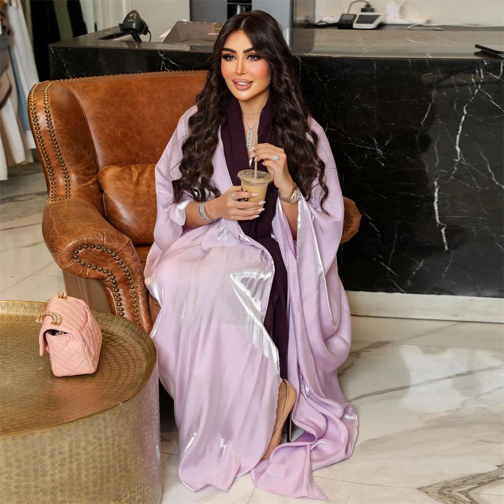 Ramadan Dubai Pink Satin Modest Open Butterfly Batwing Kimono Abaya Cardigan Islam Muslim Dress For Women Kebaya Robe Musulmane