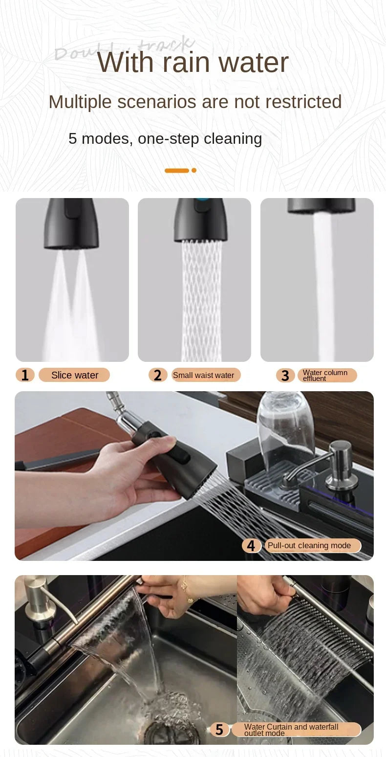 304 Edelstahl Wasserfall Küchen spüle große Einzels chlitz integrierte Digital anzeige Wasserhahn Set Seifensp ender Tasse Waschmaschine