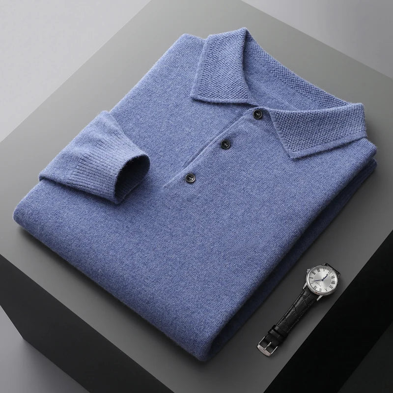 2025 Men's Autumn And Winter 100% Merino Pure Wool Knitted Sweater Men's Business Casual Knitted Polo Collar Pullover Top YJ1815