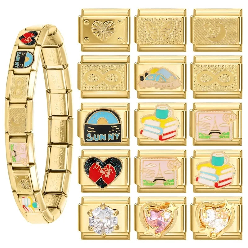 New Fashion 9mm 15 Style Italian Modular Charm Bracelet Fashionable Leisure Holiday Scenery Literary Modular Elastic Bracelet.