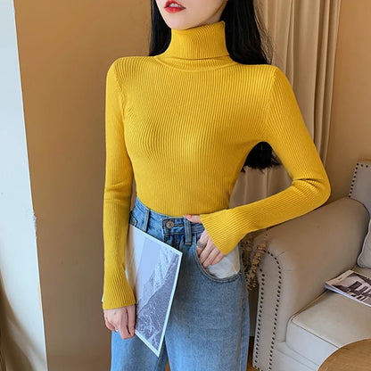 2023 herbst Winter Frauen Langarm Gestrickte Foldover Rollkragen Rippen Pull Pullover Weiche Warme Femme Jumper Pullover Kleidung