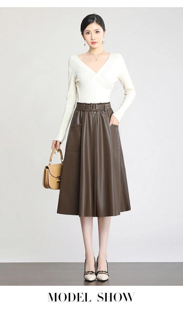 S-5XL New Women Plus Size Leather Skirt Spring Autumn Fashion Stretch Waist A-Line Loose Long Skirt Split Leather Sheepskin.