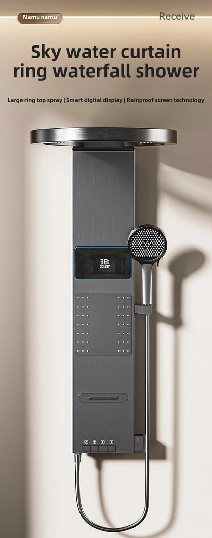Multi Functional LED Shower Screen Wall Mounted Waterfall Shower Head Set Bathroom Digital Atmosphere Light Shower Set Screen