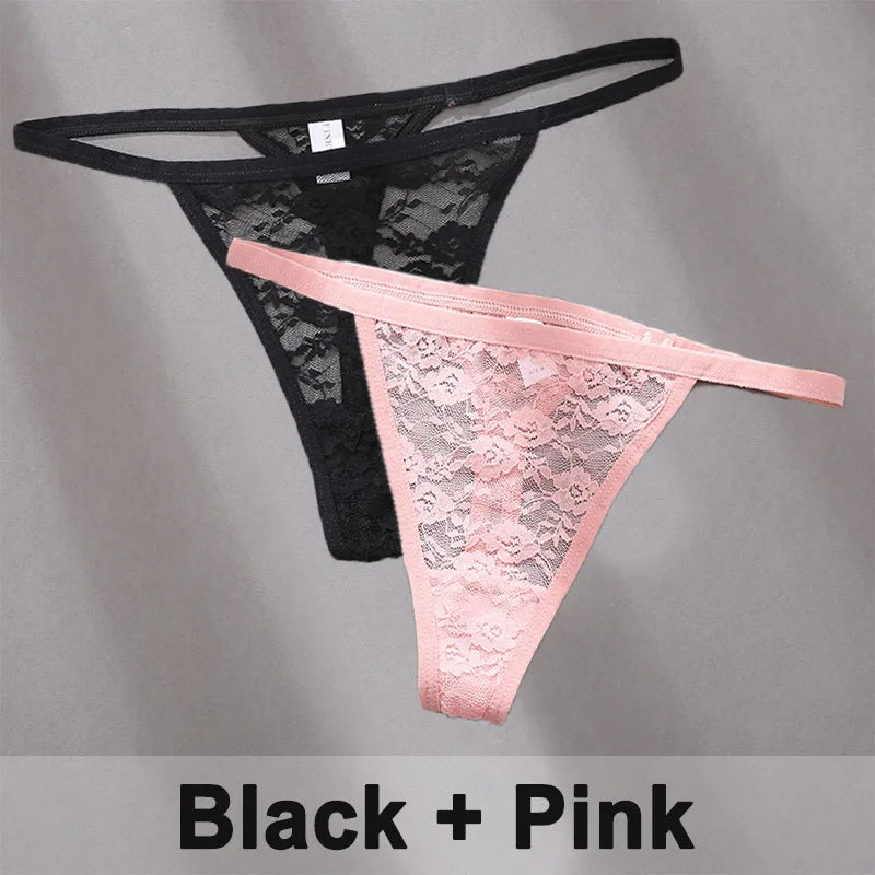 2PCS Sexy Lace Cotton Panties for Women G-String Underwear Perspective Thongs Solid Color Underpants Female Intimates Lingerie.