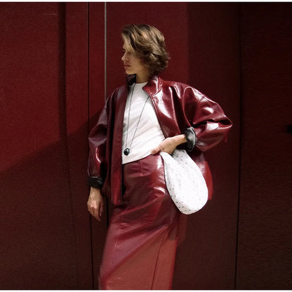 Stylish Leather Solid Jacket Pants Set Women Stand Collar Zipper Coat Loose Trousers Sets Female 2025 Autumn Fashion Streetwears