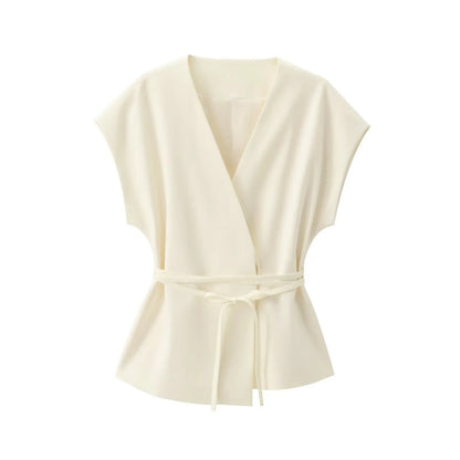 TFMLN Fashion Women's Trouser Suits Sleeveless V-Neck Top With Belt Straight Pants Sets 2025 Spring Summer Commuter 2 Piece Set