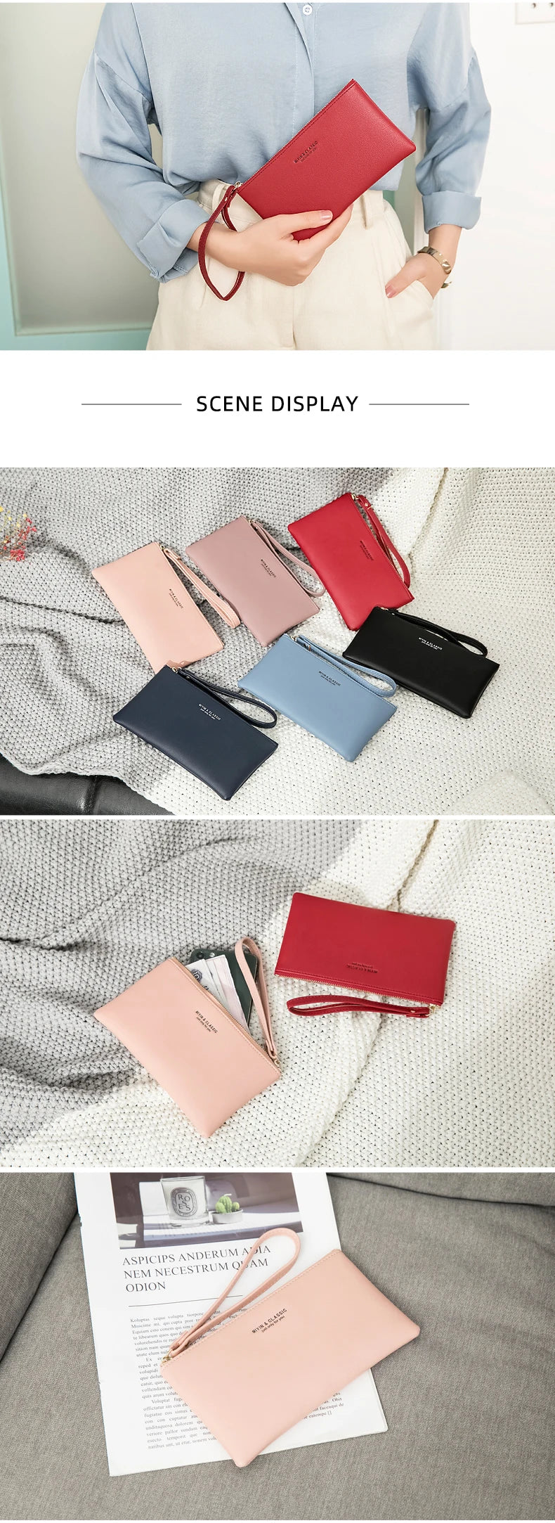 Simple Solid Color Thin Long Wallet PU Leather Large Capacity Zipper Wallet Classic Fashion Womens Handbag Can Hold Mobile Phone.