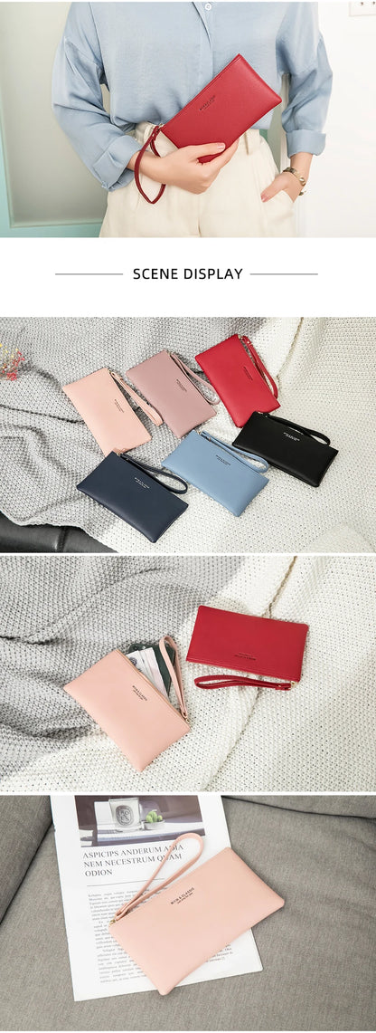 Simple Solid Color Thin Long Wallet PU Leather Large Capacity Zipper Wallet Classic Fashion Womens Handbag Can Hold Mobile Phone.