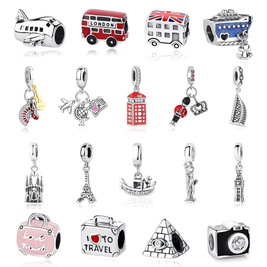 Original 925 Sterling Silver Charms Love Travel London Bus Suitcase Paris Beads Fit Brand Bracelets Necklaces Women DIY Jewelry.