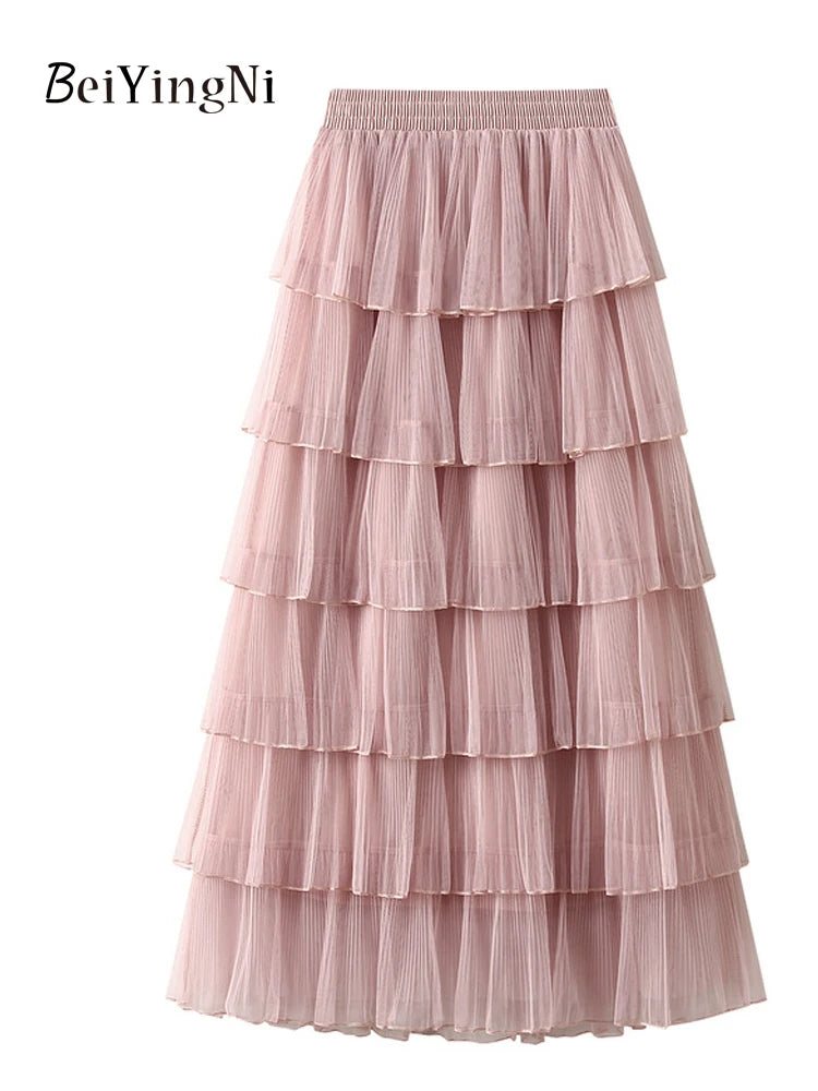 Beiyingni Woman Mesh Long Midi Cake Skirt Solid Color Elegant French Tiered Fairy Tulle Skirts Khaki Casual High Waist Faldas