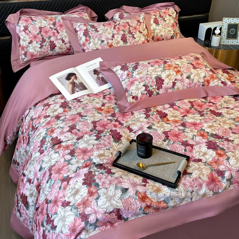 Floral Print 600TC Egyptian Cotton Bedding Queen King Comforter Cover Soft Duvet Cover Set Flat/Fitted Bed Sheet Pillowcases