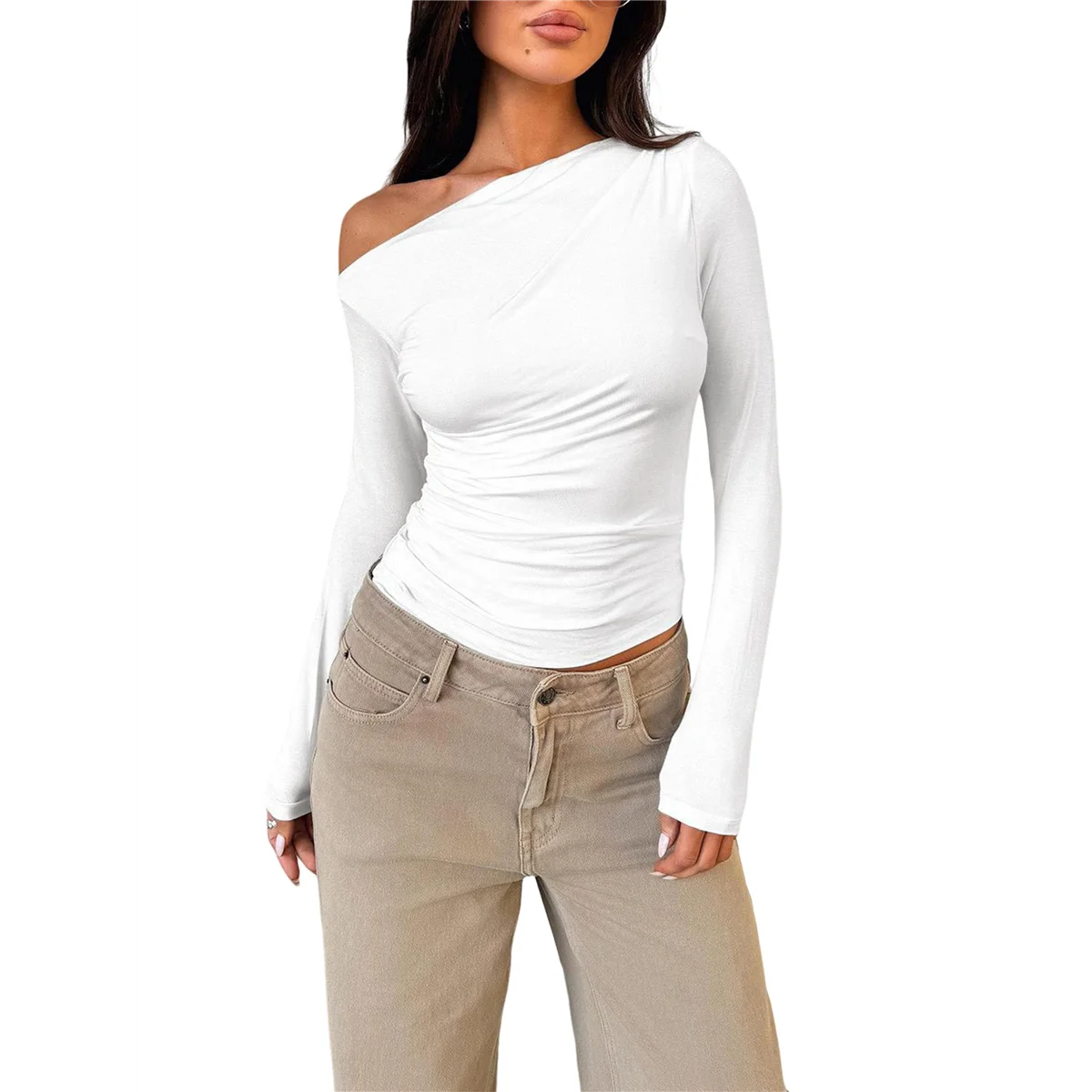 Women's Off Shoulder Tops Dressy Long Sleeve Asymmetrical Slim Fit Going Out Fall Blouse Ruched Shirts.