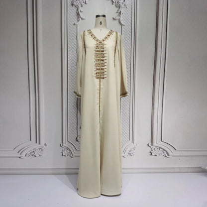 Elegant V-Neck Beading Embroidery Abaya For Muslim Woman 2025 Casual Loose Moroccan Saudi Dubai Kuwait Morocco Stylish Kebaya
