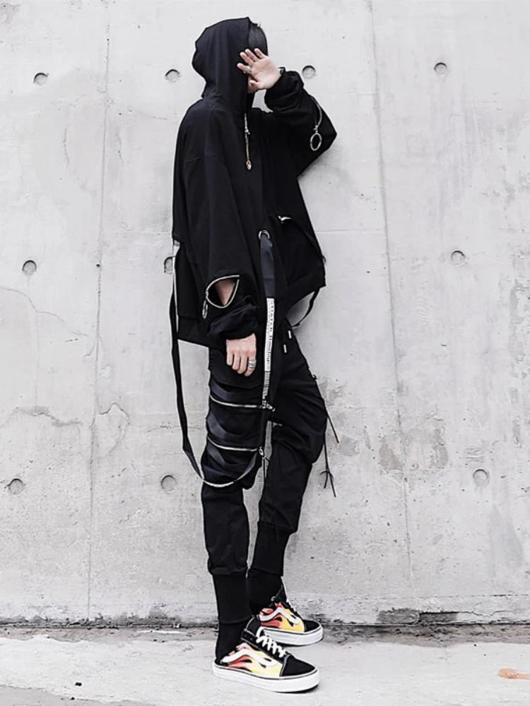 Men's Sets Black Hoodies+Pants Punk Graphic Zipper Hooded Sweatshirts Cargo Pant Men Oversized Loose Streetwear Suits.