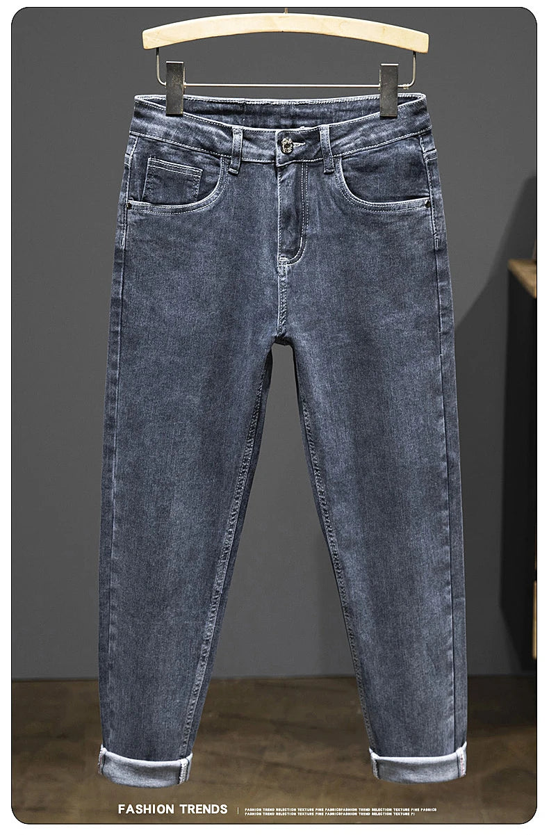 2024 New Spring Autumn Men's Nine-Point Pants Slim Jeans Fashion Casual Denim Trousers Smoke Gray Blue Gray Brand Clothing.