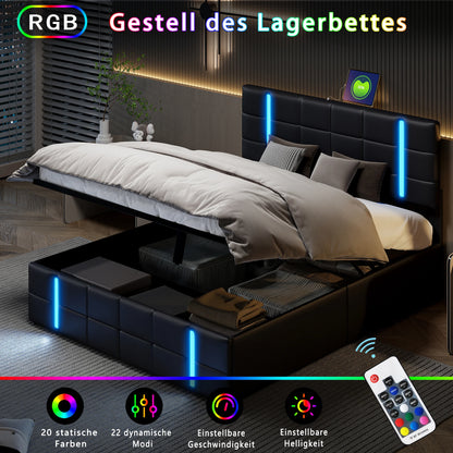 Comanlai 140 x 200 cm gepolstertes Bett, Doppelbett mit USB-Ladeanschluss und LED-Licht, hydraulisches Bett mit Stauraum und Lattenrost, PU