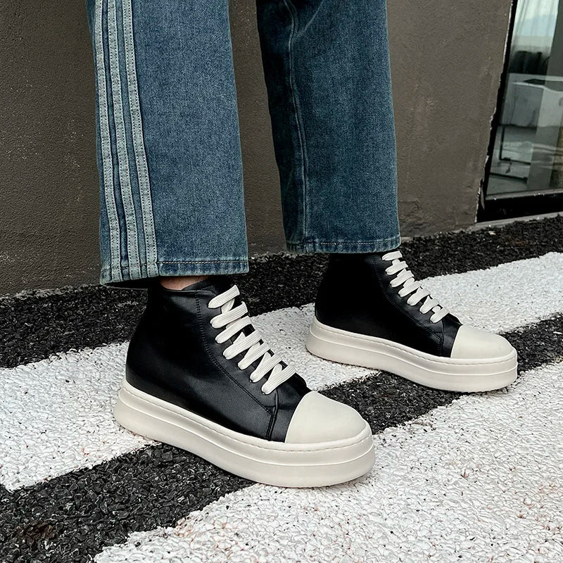 Street Style Ankle Boots for Men Genuine Leather High Top Shoes Fashion Brand Motorcycle Boots Thick Bottom  Male Walking Shoes.