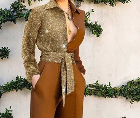 Women Single Breasted Button Overall Pants Jumpsuit High Waist Sashes Turn Down Neck Jumpsuits Colorblock Patchwork.