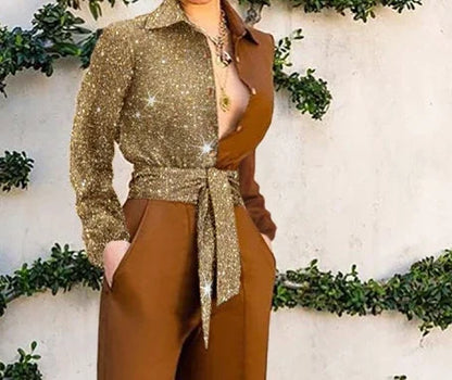 Women Single Breasted Button Overall Pants Jumpsuit High Waist Sashes Turn Down Neck Jumpsuits Colorblock Patchwork.