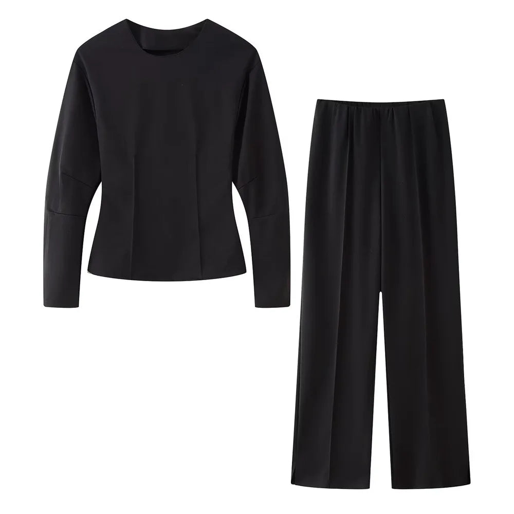 2025 Spring New Women's Two Piece Pant Set Fashion Long Sleeve O-neck Pleated Top Double-Sided Fabric Office Top Casual Pants.