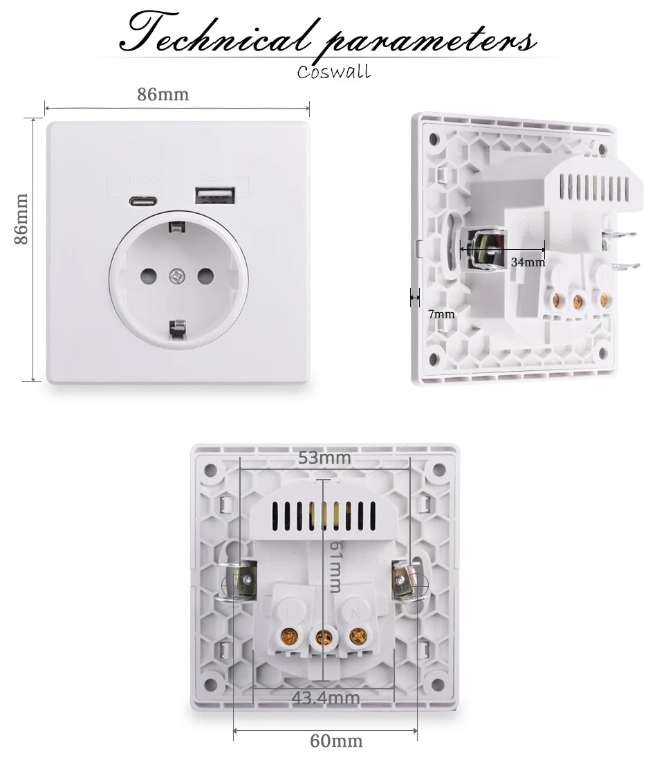 Coswall Typ-C-Schnittstellensteckdose, Vollspiegel, Kristallplatte, schwarze Wand, EU, Russland, Spanien, französische Standardsteckdose mit USB-Ladeanschluss.