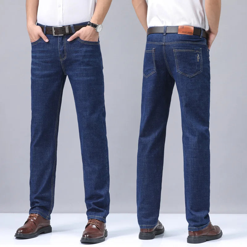 2024 New Brand Men's Fit Straight Lightweight Cotton Stretch Denim Pants Casual Male High Waist Thin Light Blue Business Jeans.