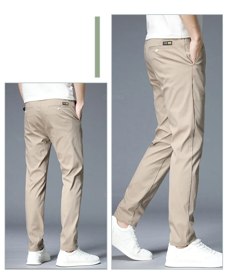 Spring Summer Casual Pants Men Thin Stretch Slim Fit Elastic Waist Business Classic Korean Trousers Male Khaki Gray 38.