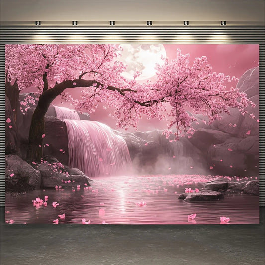 1pc Cherry Blossom Backdrop with Pink Sakura Tree & Waterfall Scene - Vibrant Polyester Fabric Wall Art for Living Room, Outdoor.