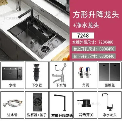Black Concealed Kitchen Sink with Lid Stainless Steel Multifunctional Bar Built-In Vegetable Sink with Cup Wash Middle Downspout